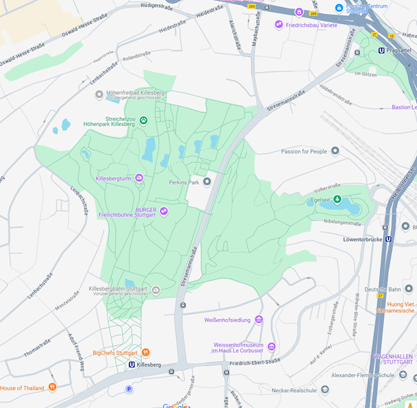Eine Karte des Killesberg-Parks mit acht eingezeichneten Fahrradstellplätzen