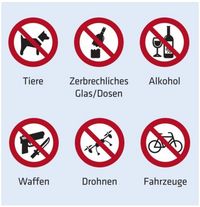 Graphik verbotener Gegenstände: Tiere, zerbrechliche Flaschen oder Dosen, Alkohol, Waffen, Drohnen oder Fahrzeuge